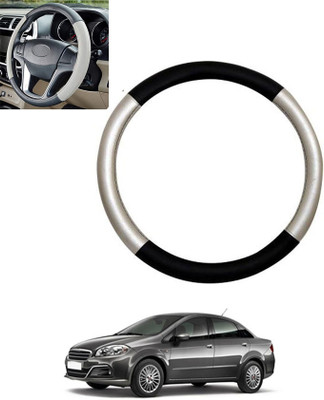 monolive Hand Stiched Steering Cover For Fiat Linea(Silver/Black, Leatherite)