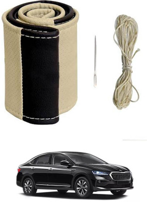 MATIES Hand Stiched Steering Cover For Skoda Universal For Car(Beige/Black, Leatherite)