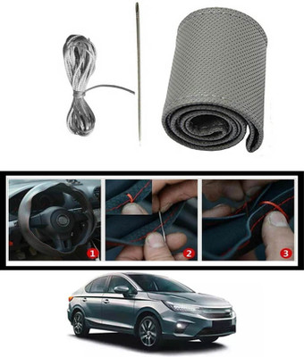 MATIES Hand Stiched Steering Cover For Honda City(Grey, Leatherite)