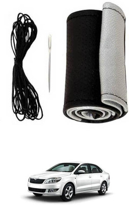 MATIES Hand Stiched Steering Cover For Skoda Rapid(Black-Silver, Leatherite)