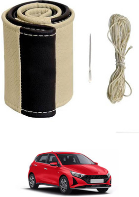 ABJD Hand Stiched Steering Cover For Hyundai i20(Beige, Black, Leatherite)