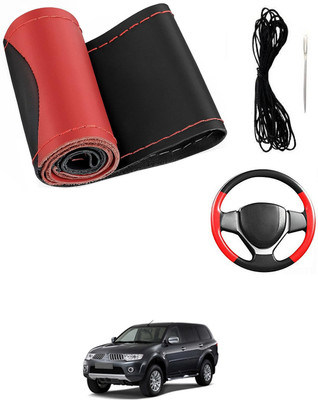 MATIES Hand Stiched Steering Cover For Mitsubishi Pajero(Red/Black, Leatherite)