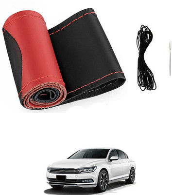 MSNP Hand Stiched Steering Cover For Volkswagen Passat(Red & Black, Leatherite)