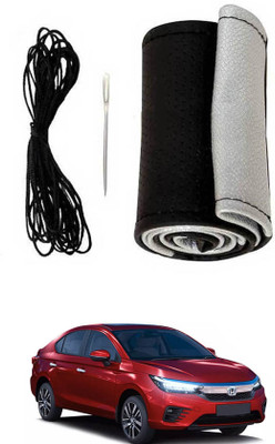 MATIES Hand Stiched Steering Cover For Honda Universal For Car(Black-Silver, Leatherite)
