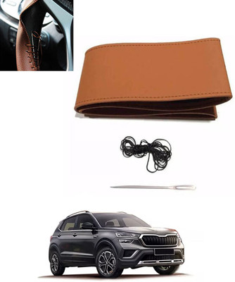 ABJD Hand Stiched Steering Cover For Skoda Universal For Car(Tan, Leatherite)