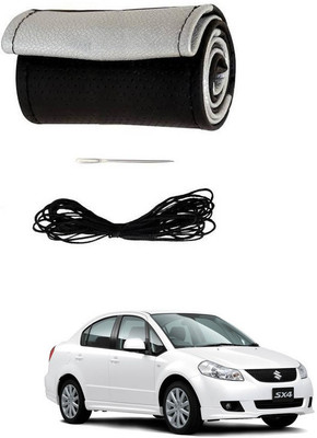 RKPSP Hand Stiched Steering Cover For Universal For Car SX4(Silver/Black, Leatherite)