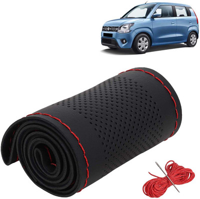 Kingsway Hand Stiched Steering Cover For Maruti WagonR(Black Color with Red Thread, Leatherite)