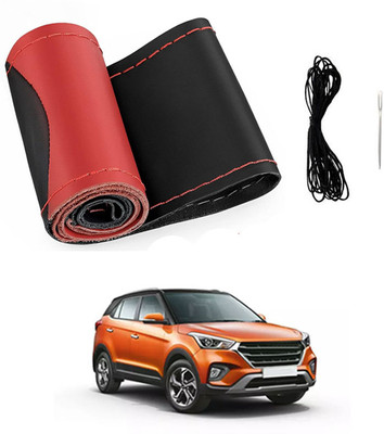 MATIES Hand Stiched Steering Cover For Hyundai Creta(Red/Black, Leatherite)