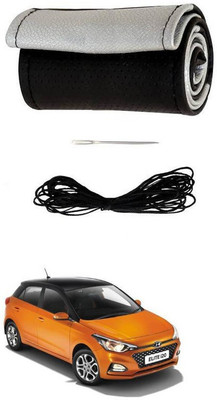 RKPSP Hand Stiched Steering Cover For Universal For Car i20(Silver/Black, Leatherite)