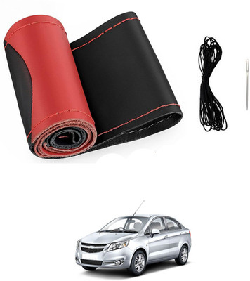 MATIES Hand Stiched Steering Cover For Chevrolet Sail(Red/Black, Leatherite)