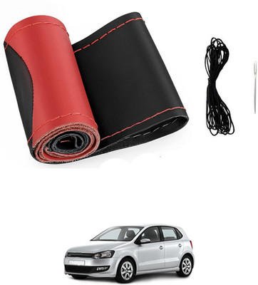 MATIES Hand Stiched Steering Cover For Volkswagen Polo(Red/Black, Leatherite)