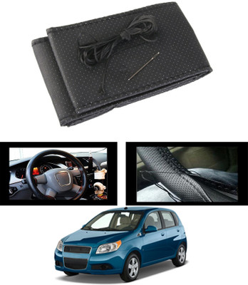 MATIES Hand Stiched Steering Cover For Chevrolet Aveo(Black, Leatherite)