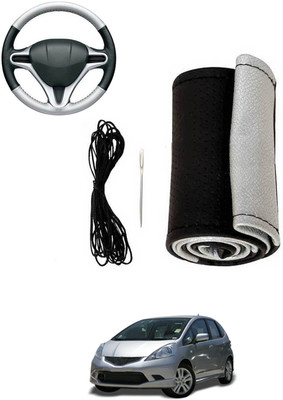 MATIES Hand Stiched Steering Cover For Honda Jazz(Silver, Black, Leatherite)