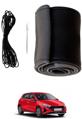 MATIES Hand Stiched Steering Cover For Hyundai i20(Black/Grey, Leatherite)