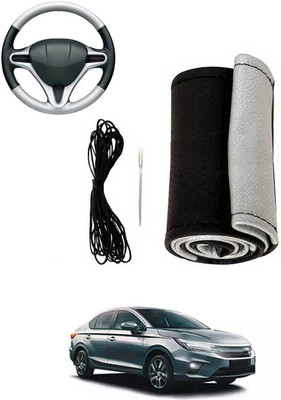 MATIES Hand Stiched Steering Cover For Honda City(Silver, Black, Leatherite)