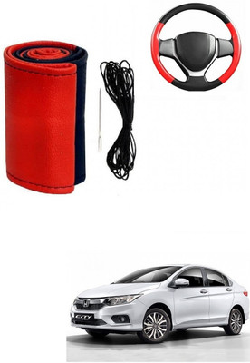 ARNEJA Hand Stiched Steering Cover For Honda City(Red, Black, Leather)