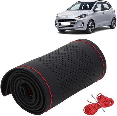 Kingsway Hand Stiched Steering Cover For Hyundai Grand i10(Black Color with Red Thread, Leatherite)