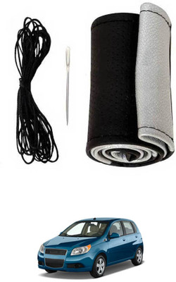 MATIES Hand Stiched Steering Cover For Chevrolet Aveo(Black-Silver, Leatherite)