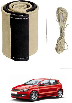 MATIES Hand Stiched Steering Cover For Volkswagen Polo GT(Beige/Black, Leatherite)