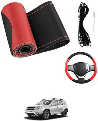 MATIES Hand Stiched Steering Cover For Renault Duster(Red/Black, Leatherite)