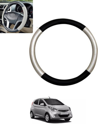 monolive Hand Stiched Steering Cover For Hyundai Eon(Silver/Black, Leatherite)