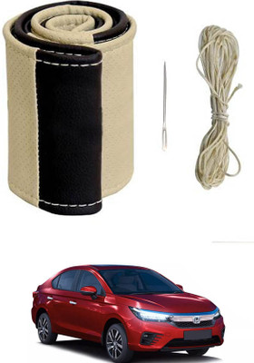 MATIES Hand Stiched Steering Cover For Honda Universal For Car(Beige/Black, Leatherite)