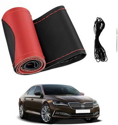 ABJD Hand Stiched Steering Cover For Skoda Superb(Red, Black, Leatherite)