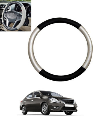 monolive Hand Stiched Steering Cover For Nissan Sunny(Silver/Black, Leatherite)