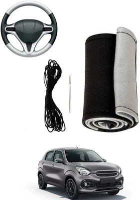 MATIES Hand Stiched Steering Cover For Maruti Celerio(Silver, Black, Leatherite)