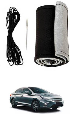 MATIES Hand Stiched Steering Cover For Honda City(Black-Silver, Leatherite)