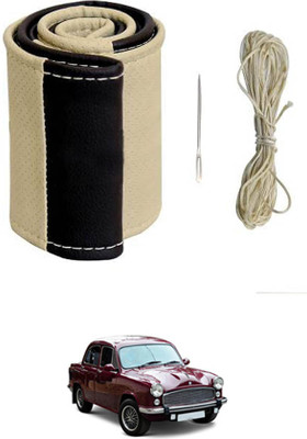MATIES Hand Stiched Steering Cover For HM Ambassador(Beige/Black, Leatherite)