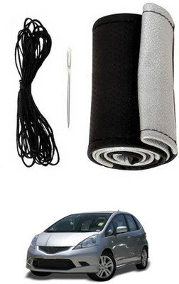 ABJD Hand Stiched Steering Cover For Hyundai Jazz(Silver, Black, Leatherite)