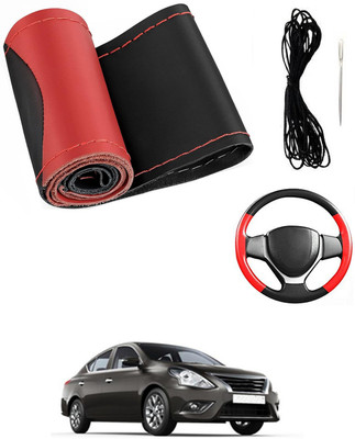 MATIES Hand Stiched Steering Cover For Nissan Sunny(Red/Black, Leatherite)