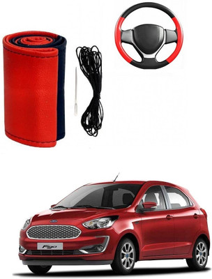 ARNEJA Hand Stiched Steering Cover For Ford Figo(Red, Black, Leather)