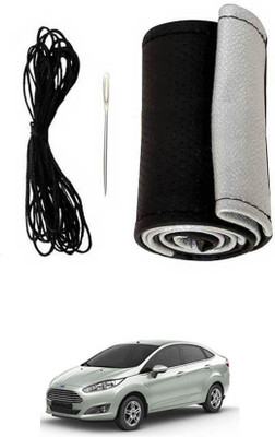MATIES Hand Stiched Steering Cover For Ford Fiesta(Black-Silver, Leatherite)