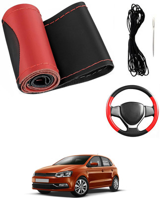MATIES Hand Stiched Steering Cover For Volkswagen Polo(Red/Black, Leatherite)