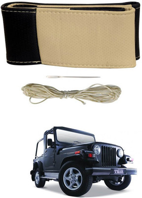RKPSP Hand Stiched Steering Cover For Universal For Car Thar(Beige/Black, Leatherite)