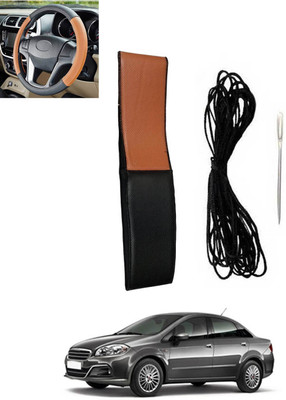 RKPSP Hand Stiched Steering Cover For Fiat Linea(Tan, Black, Leatherite)