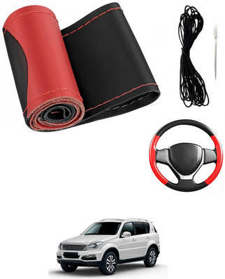 MATIES Hand Stiched Steering Cover For SsangYong Rexton(Red/Black, Leatherite)