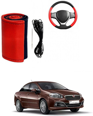 Autocom Hand Stiched Steering Cover For Fiat Linea(Red, Black, Leather)
