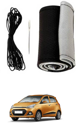 monolive Hand Stiched Steering Cover For Hyundai Grand i10(Silver/Black, Leatherite)