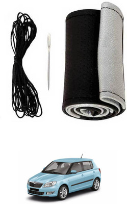 MATIES Hand Stiched Steering Cover For Skoda Fabia(Black-Silver, Leatherite)