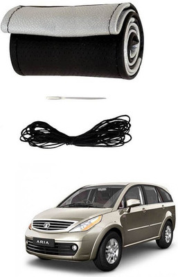 RKPSP Hand Stiched Steering Cover For Universal For Car Aria(Silver/Black, Leatherite)