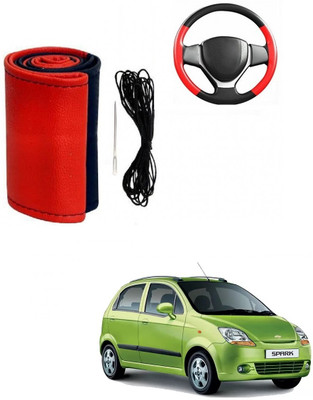 ARNEJA Hand Stiched Steering Cover For Chevrolet Spark(Red, Black, Leather)
