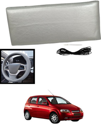 MATIES Hand Stiched Steering Cover For Chevrolet Aveo UVA(Silver, Leatherite)