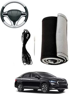 MATIES Hand Stiched Steering Cover For Skoda Universal For Car(Silver, Black, Leatherite)