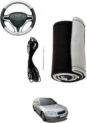 MATIES Hand Stiched Steering Cover For Honda City(Silver, Black, Leatherite)