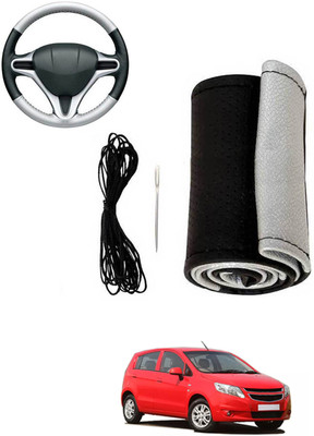 MATIES Hand Stiched Steering Cover For Chevrolet Sail UVA(Silver, Black, Leatherite)