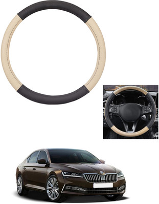 MATIES Steering Cover For Skoda Superb(Beige/Black, Leather)