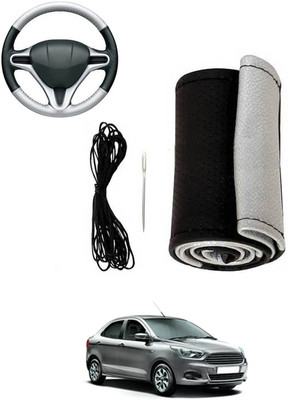 MATIES Hand Stiched Steering Cover For Ford Aspire(Silver, Black, Leatherite)